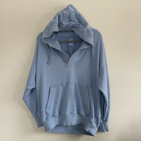 Aerie Soft Blue Knit Hoodie V-Neck Oversized - Picture 2 of 11